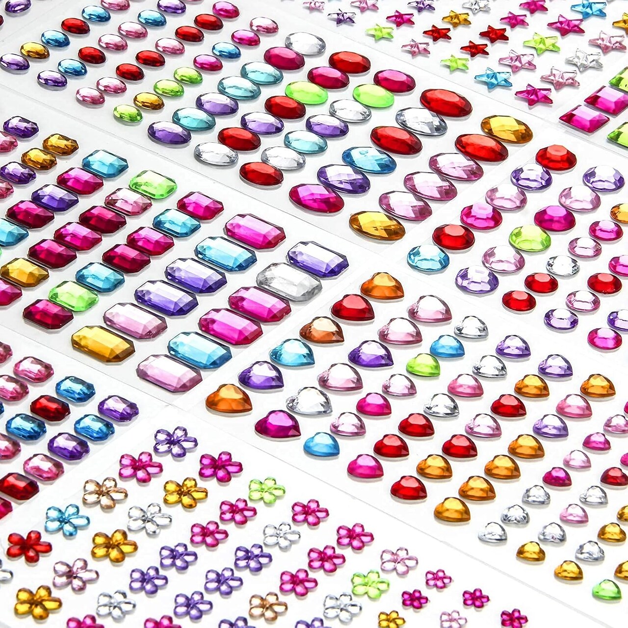 1200+ Pcs Self-Adhesive Gems Stickers – 14 Sheets Rhinestone Stickers, 8 Shapes of Sparkle Jewels for DIY Crafts, Nail Art, Body, Makeup, and Festivals